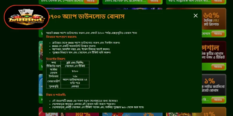 অফারের বিবরণ Bonus Download App BN88